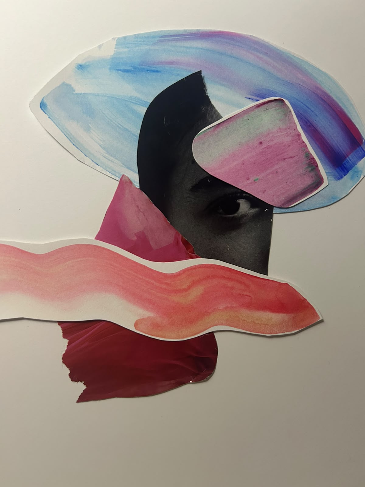 Portrait detail framed by sweeping pink and blue painted paper
