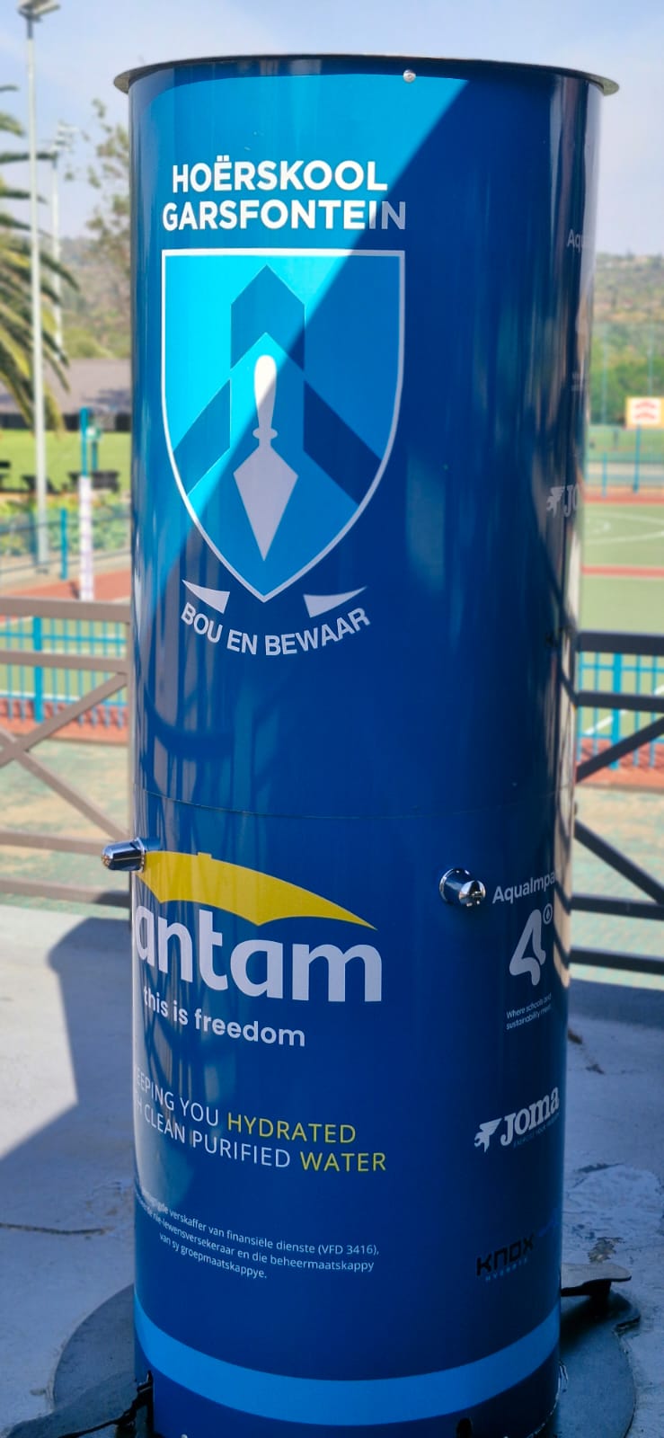 Blue school-branded GULP hydration station at Hoërskool Garsfontein