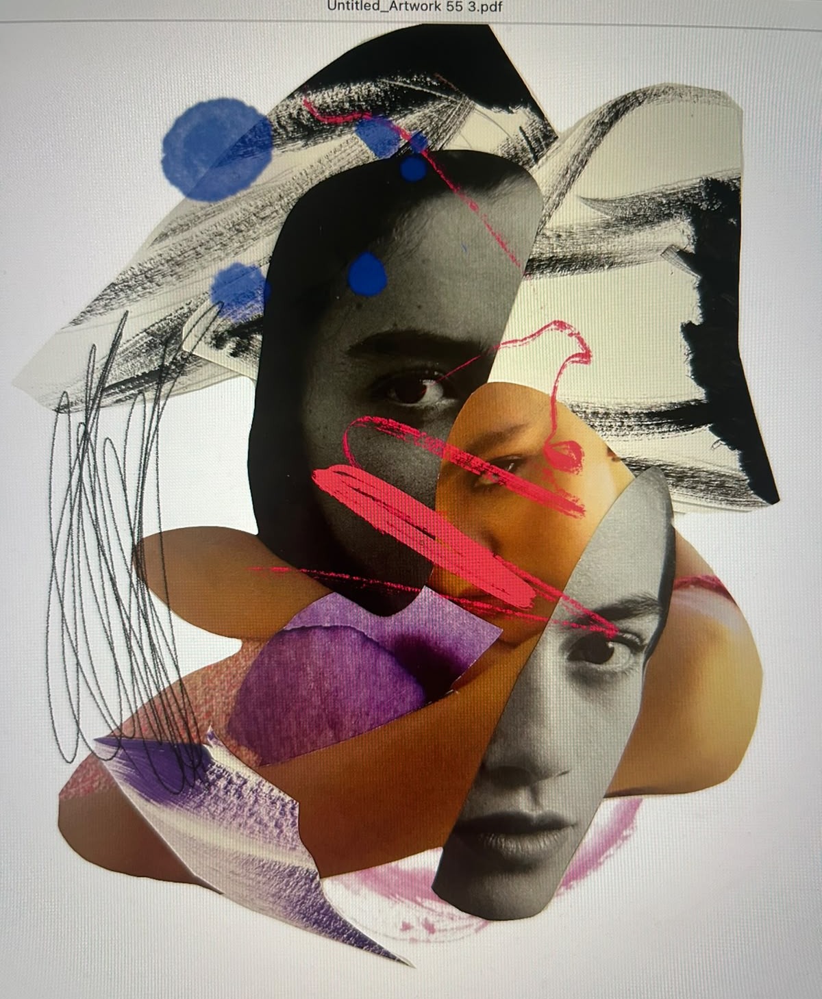 Layered portrait collage with charcoal marks and vivid pink strokes