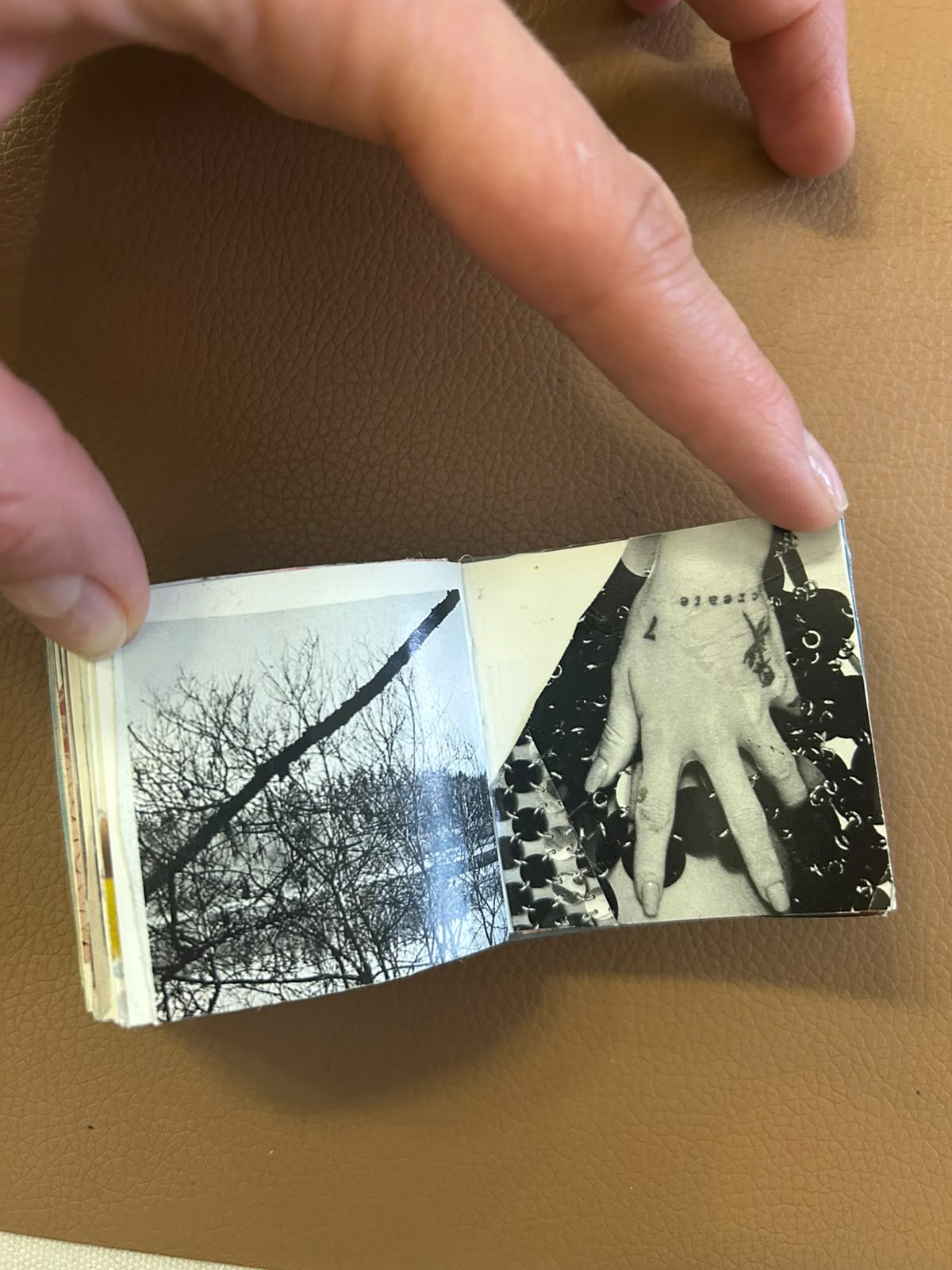 Handmade collage book opened to bare trees and a black-and-white hand