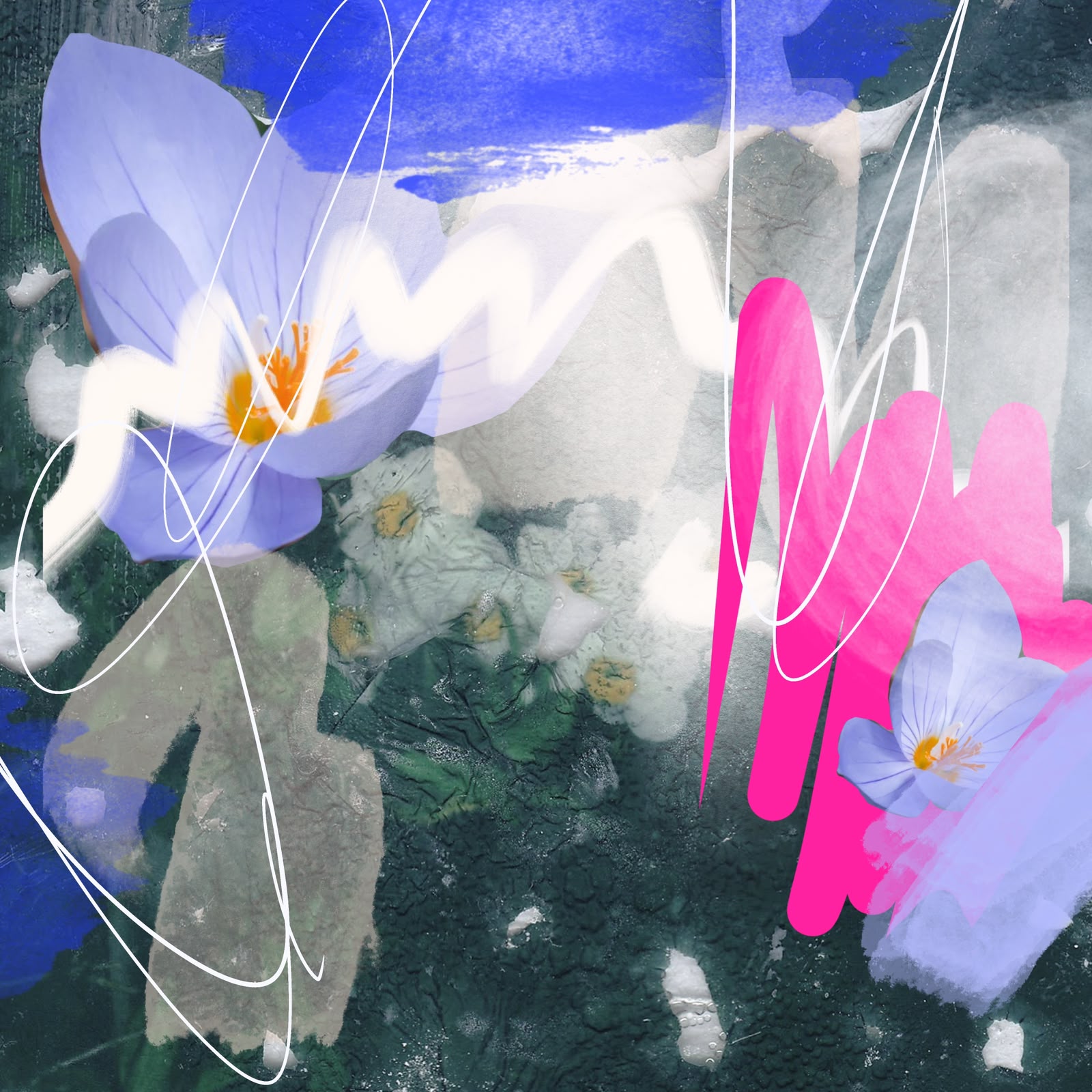 Abstract floral collage in electric blue, lilac and pink