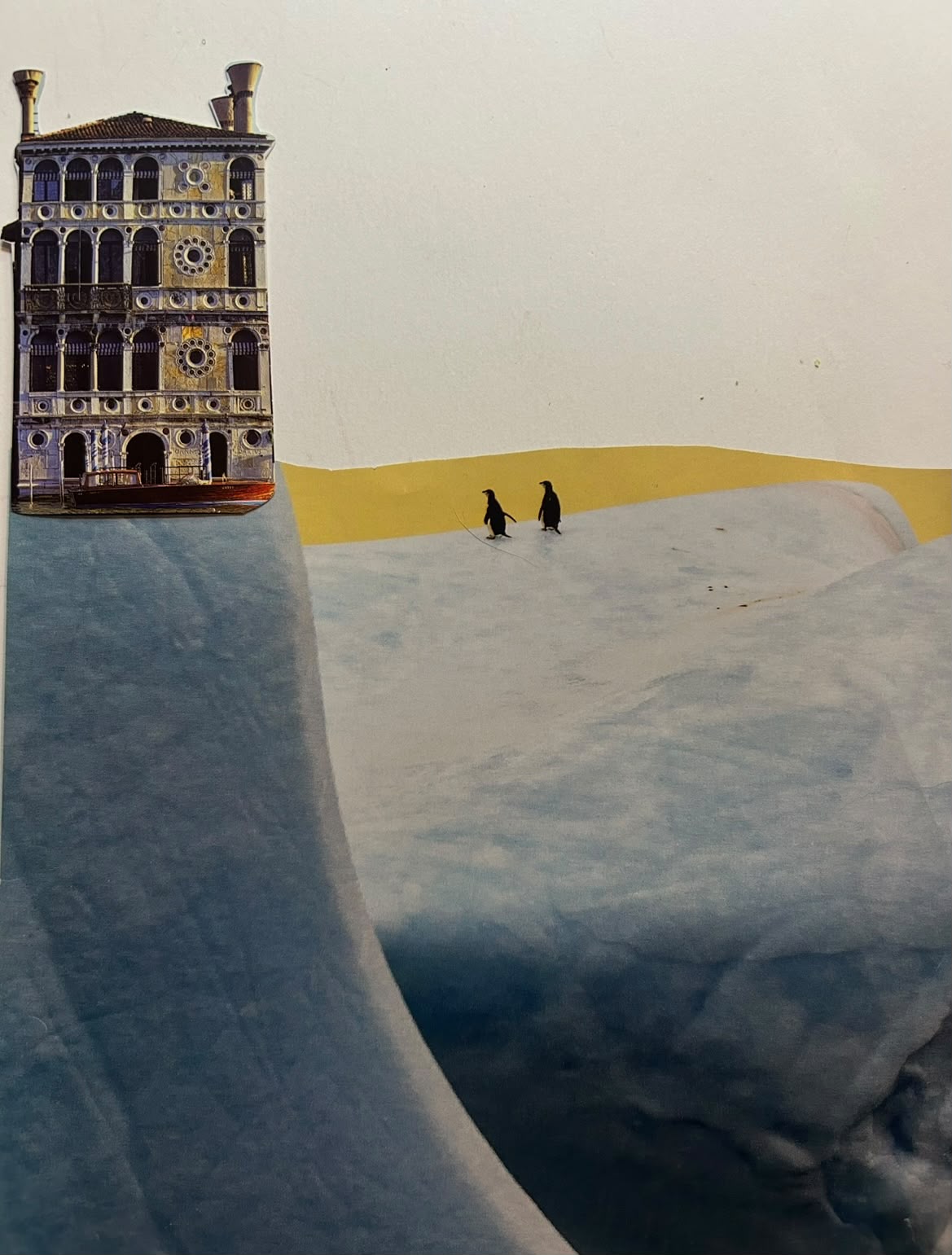 Surreal pale-blue landscape with two distant figures and a building
