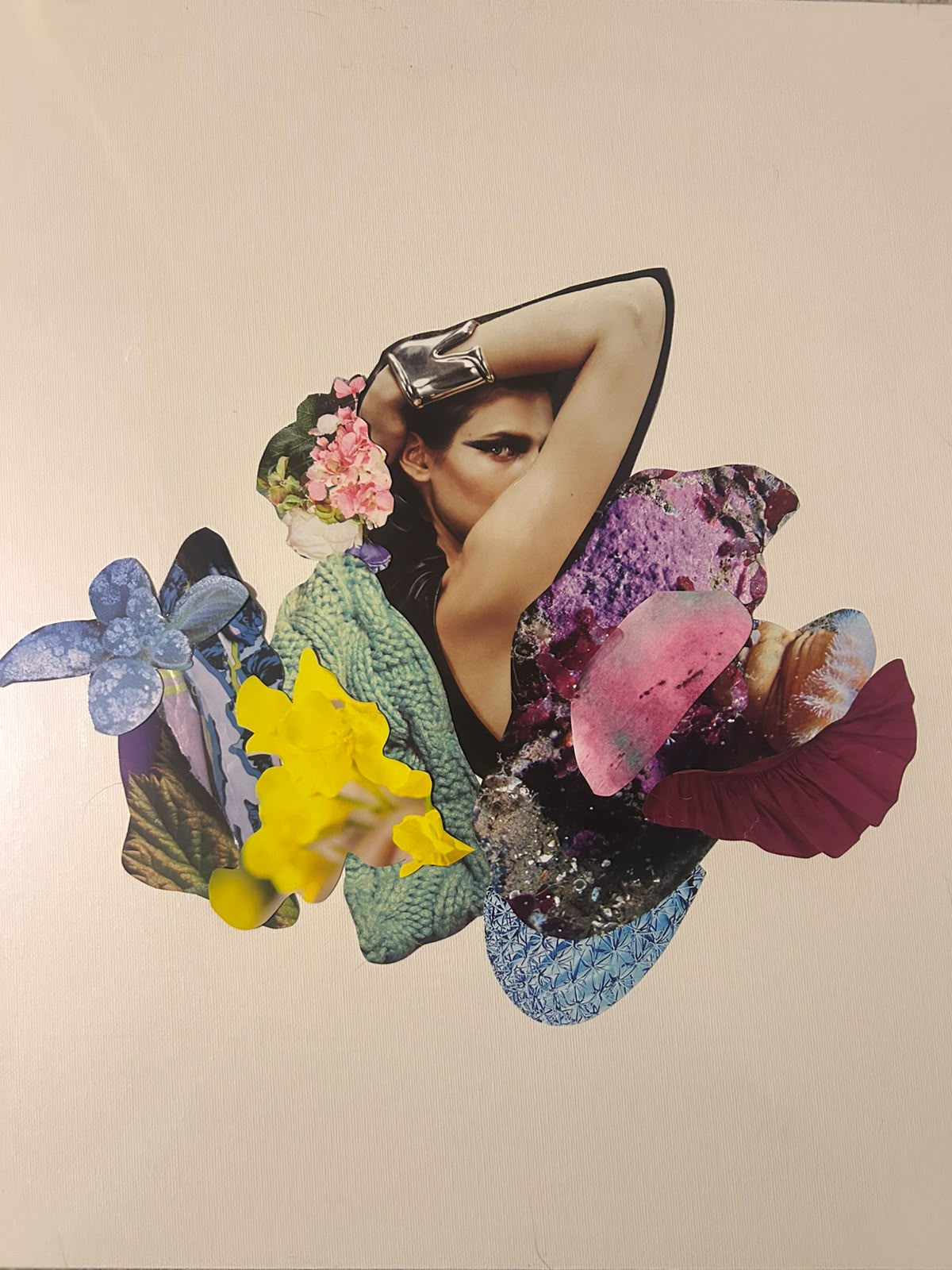 Portrait collage with bright flowers, yellow cut-paper and violet details