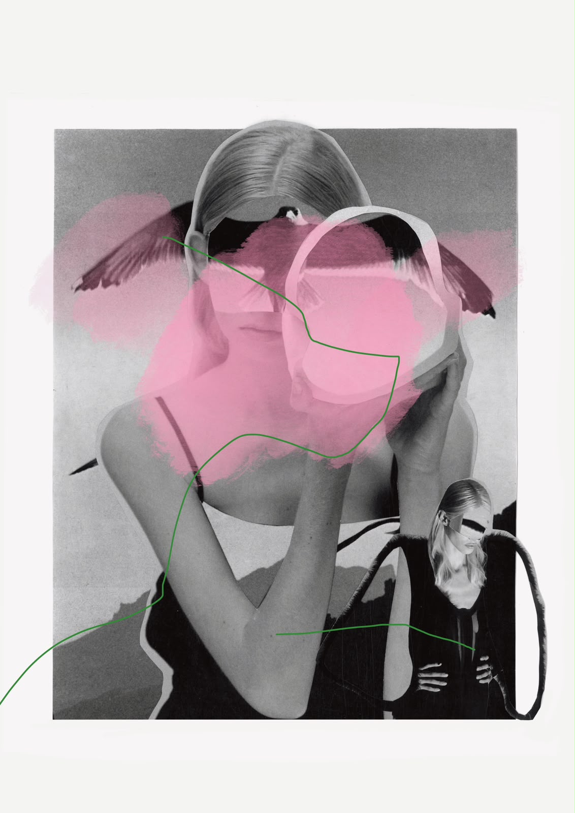 Black-and-white portrait collage with pink paint and fine green lines